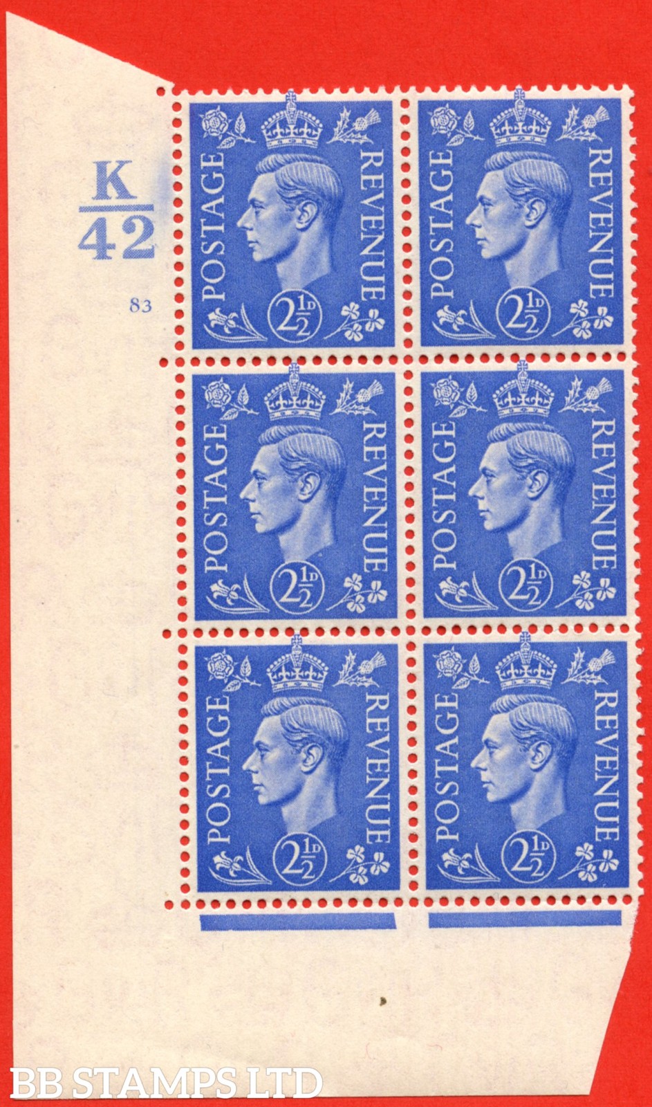 SG. 489. Q14. 2½d Light ultramarine. An UNMOUTED MINT control block of 6 B69680