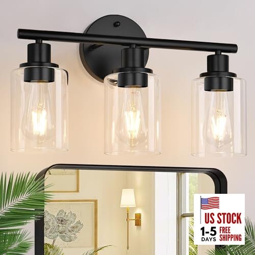 Bathroom Light Fixtures, 17.23" Black Modern Vanity Lights 3-Light Matte Black