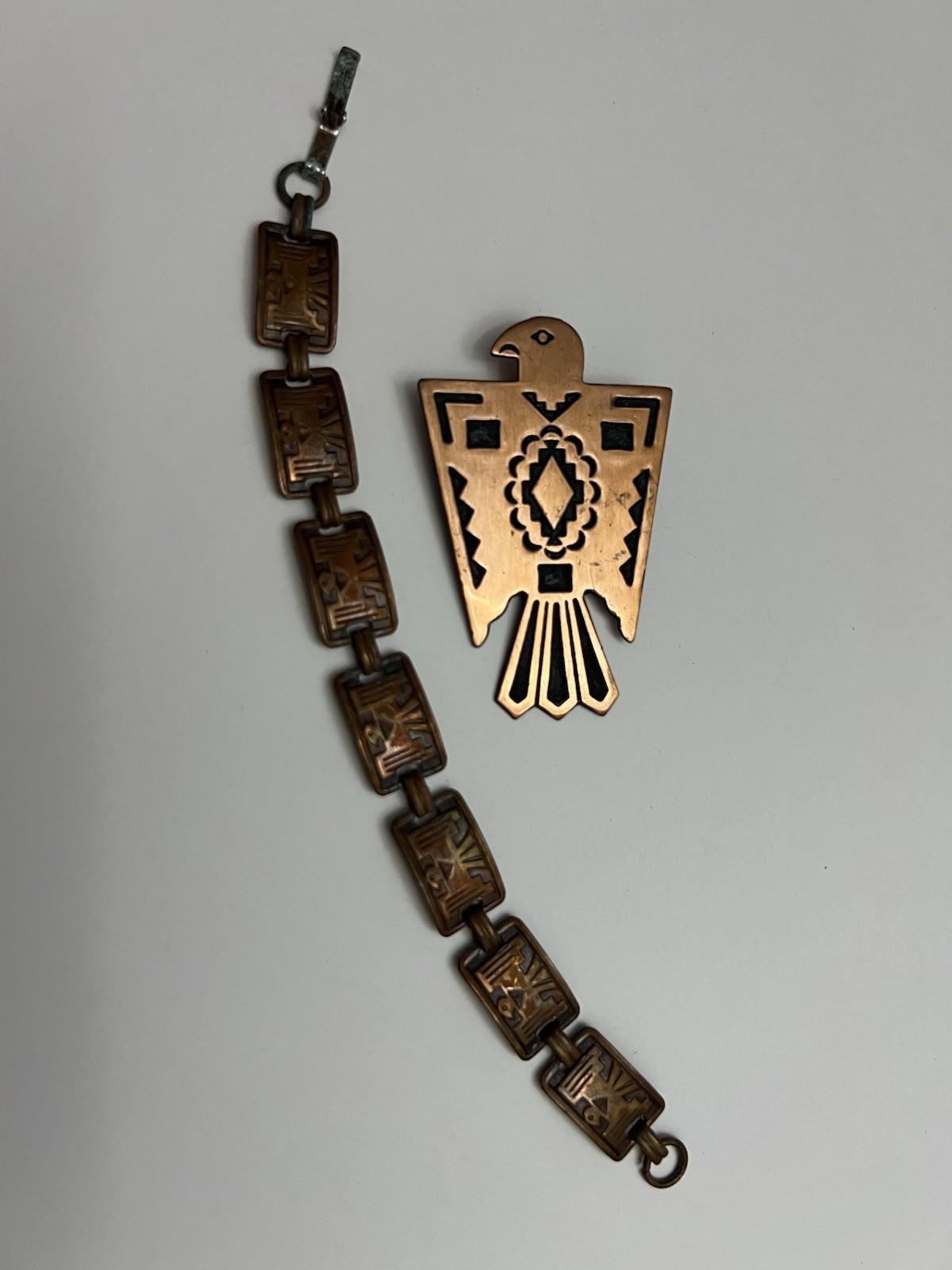Vintage Coppe Set - Large BELL Thunderbird Pin, 7  1/2" Eagle Panel Bracelet