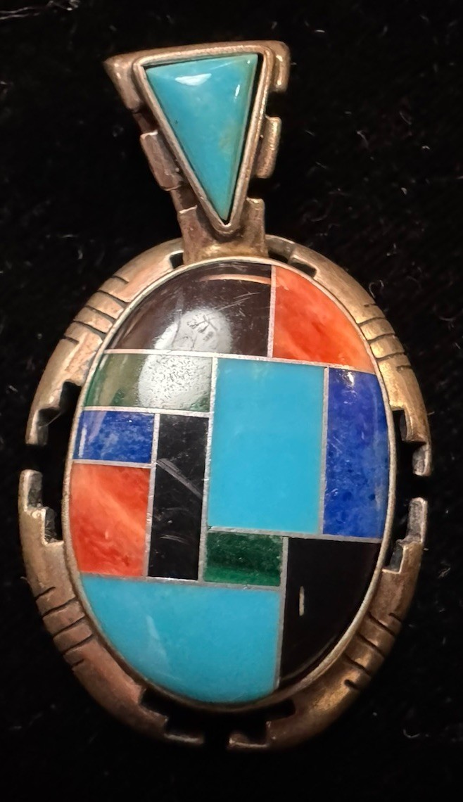 Turquoise Multicolor Inlay Sterling Silver Oval Pendant Amulet