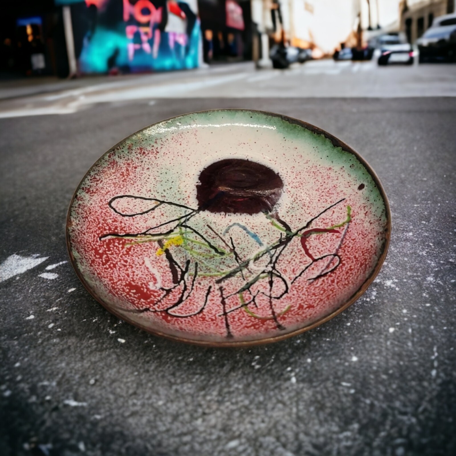 Vintage Enamel on Copper Trinket Dish Splatter Art watermelon colors READ