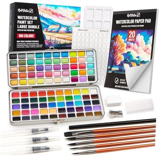 Premium Watercolor Paint Set Bundle with 100 Bright Colors & Paper Large Set