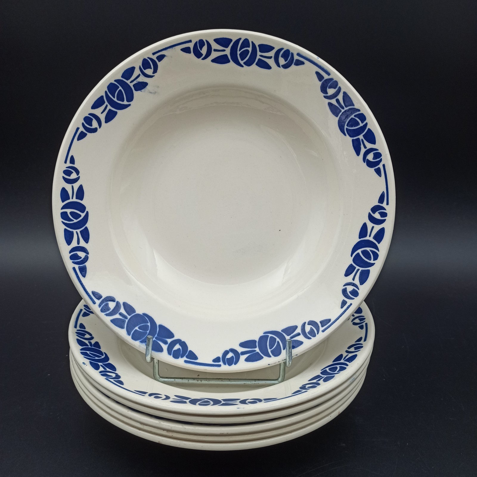 Badonviller - 6 Deep Plates In Earthenware Blue Flower Vintage Decor