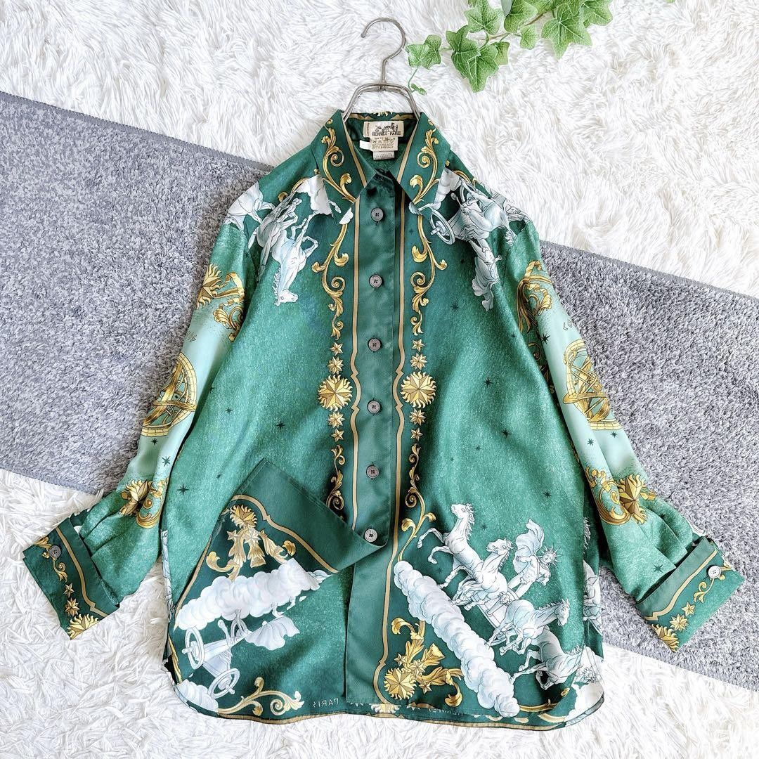 HERMES Vintage Long Sleeve Shirt Silk Green Size 36 Women's