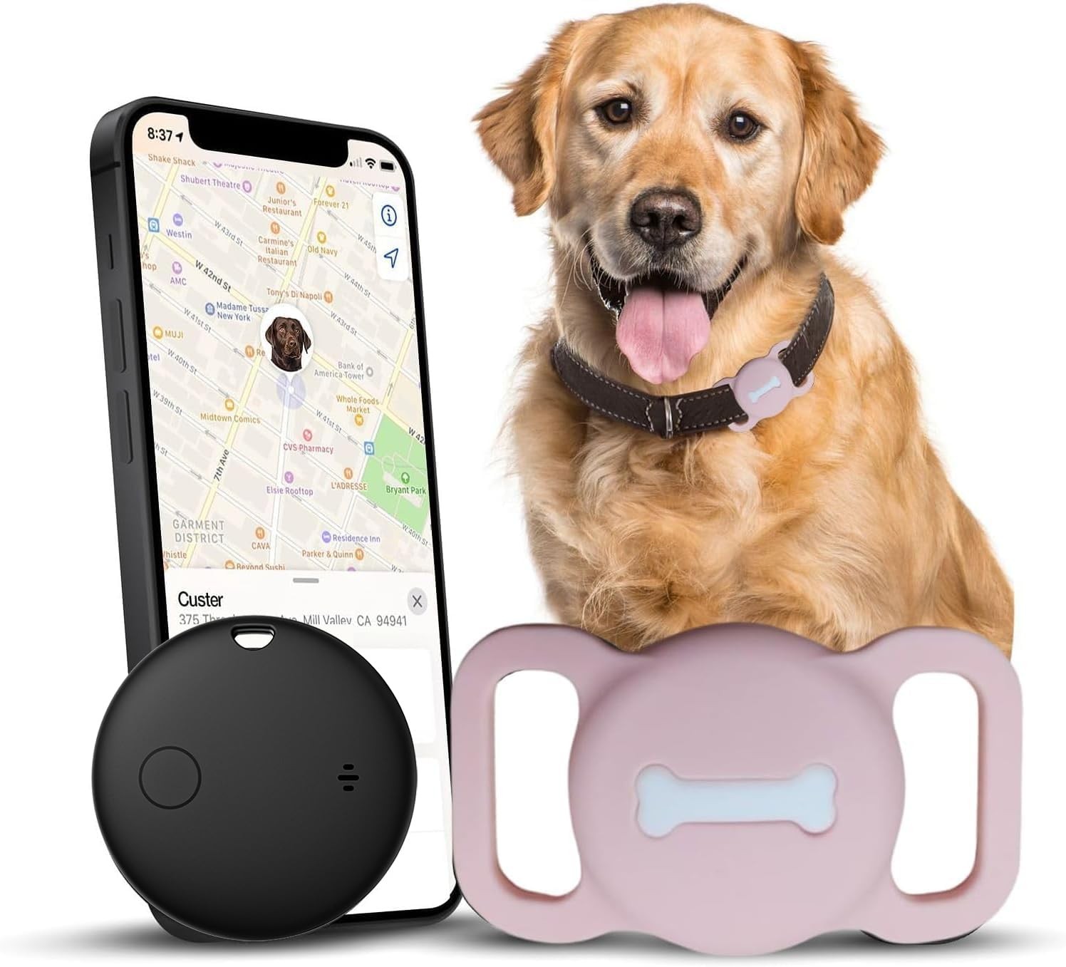 Smart Pet Tracker, Dog Tracker with Black Collar Holder, Smart Tag for Seamle...
