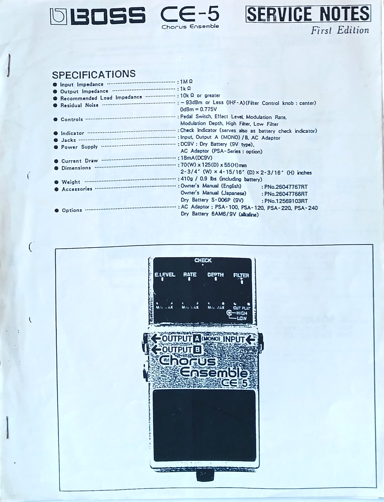 Vintage Reproduction of the Boss CE-5 Chorus Guitar Pedal Service Notes Sheets