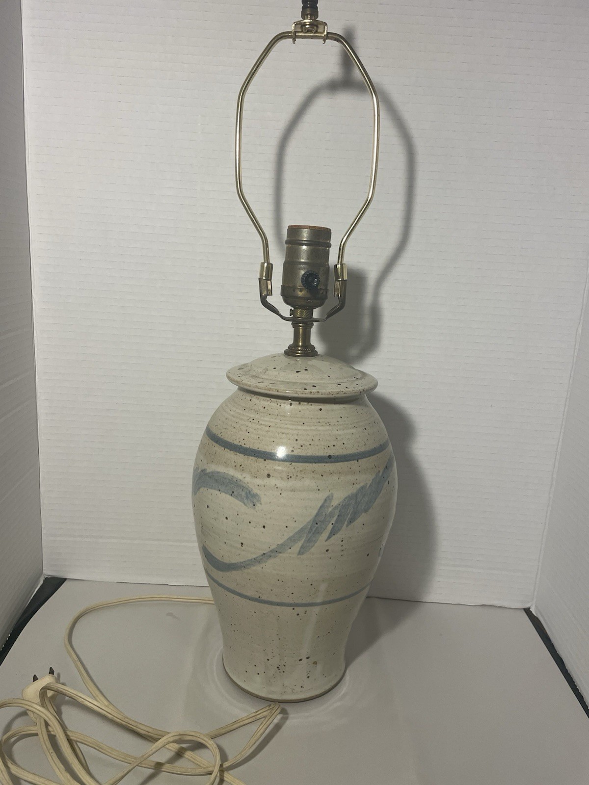 Studio Pottery Table Lamp Hand thrown Salt Glaze Blue Abstract Design Accents