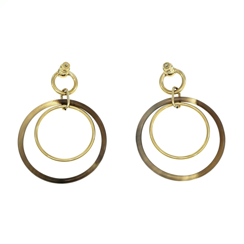 HERMES Amulette Duo Earrings Buffalo Horn Brown Gold Hardware Accessories Small