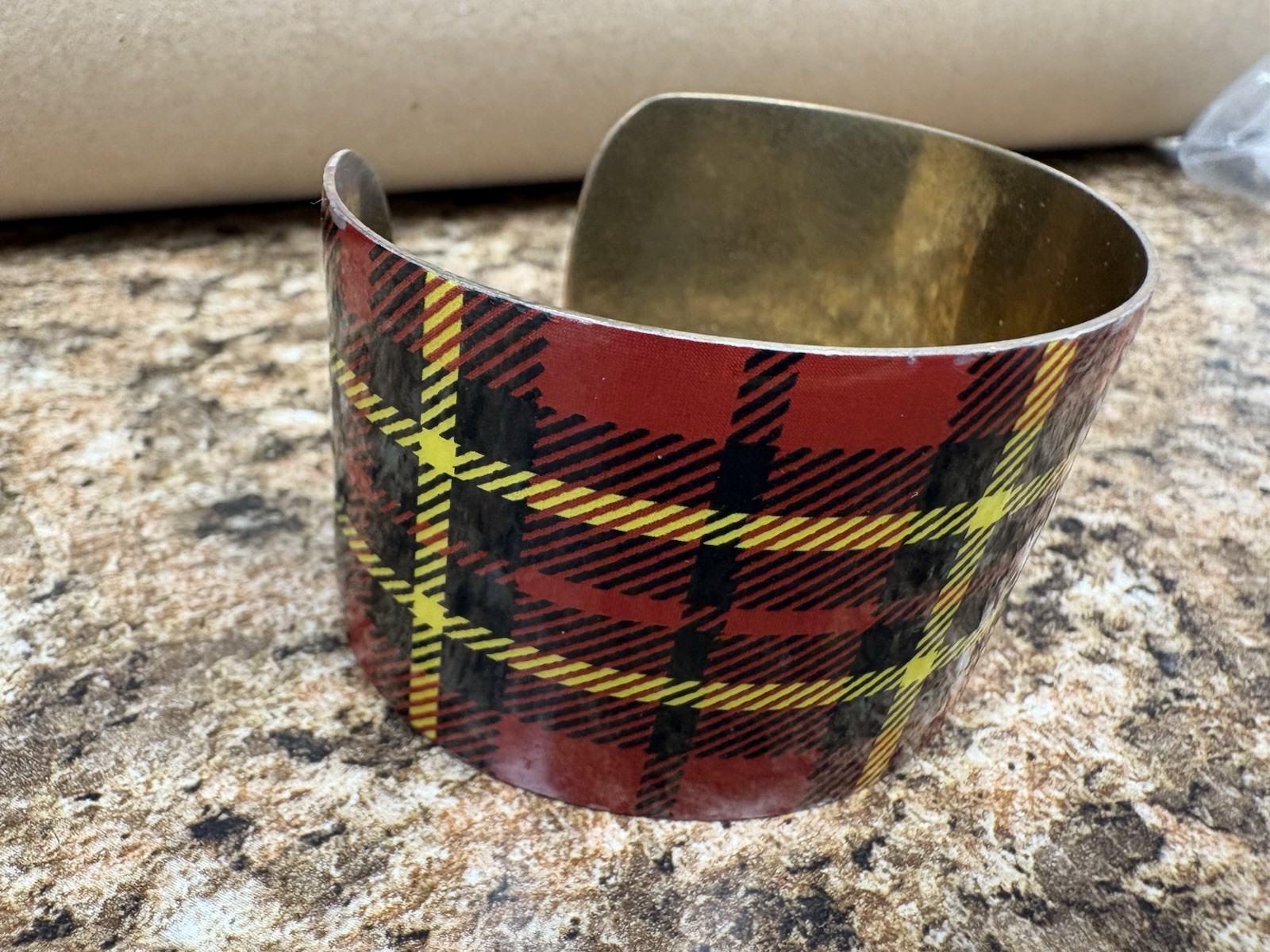 Wide Red Tartan Plaid Enamel Cuff Bracelet 6” Brass Tone Statement Bangle Scotch