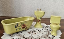 VTG Dollhouse Miniature Bathroom. Green & Floral. Ceramic Toilet Sink Bathtub. 