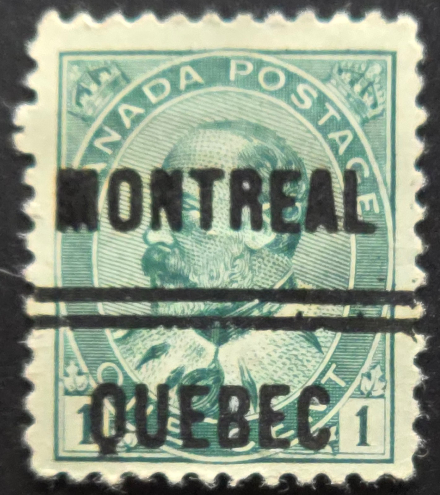 Canada KGV 1 Cent Blue Green Admiral - "MONTREAL QUEBEC" Town Precancel
