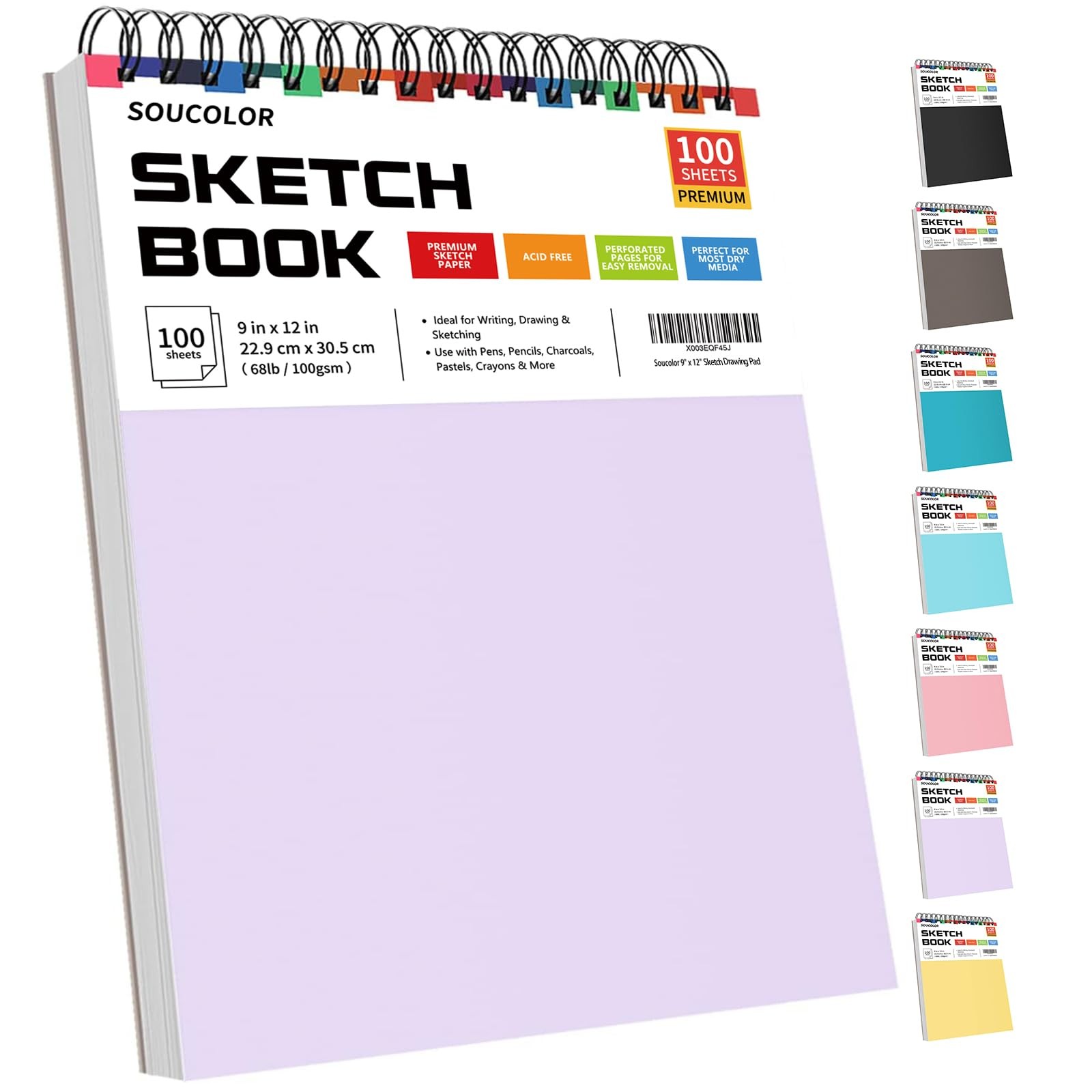 Sketchbook 9 x 12 100 Sheets Aesthetic Pastel Purple Soucolor 1-Pack School