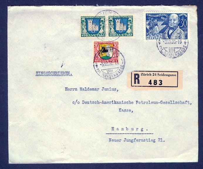 SWITZERLAND 1930 SEMIS COMBO REG TO GERMANY