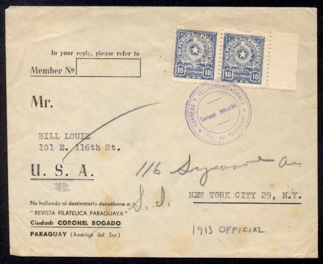 PARAGUAY 1913 OFFICIAL COVER TO USA