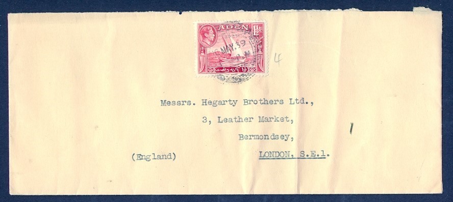 ADEN 1½A KGVI SINGLE 1939 TO UK