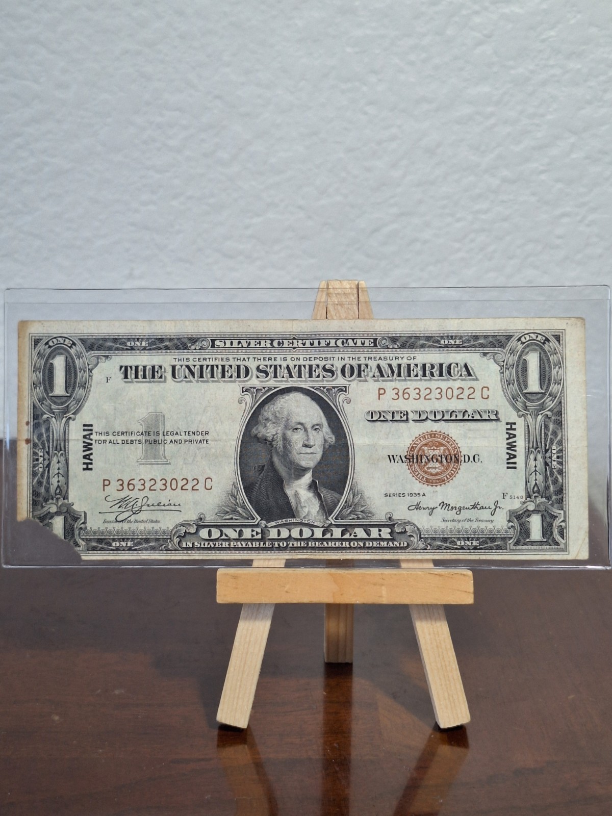 1935 $1 One Dollar Silver Certificate Hawaii Overprint Note, Corner Teared 