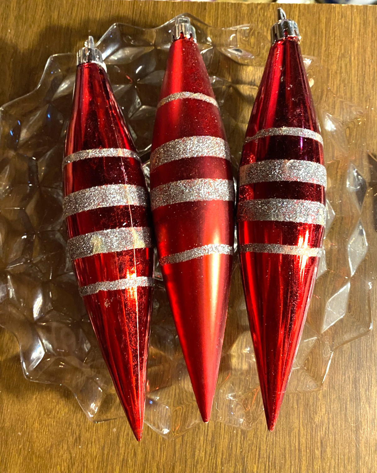 3 Teardrop Shiny Red Silver Glitter 7" Shatterproof  Christmas Ornaments