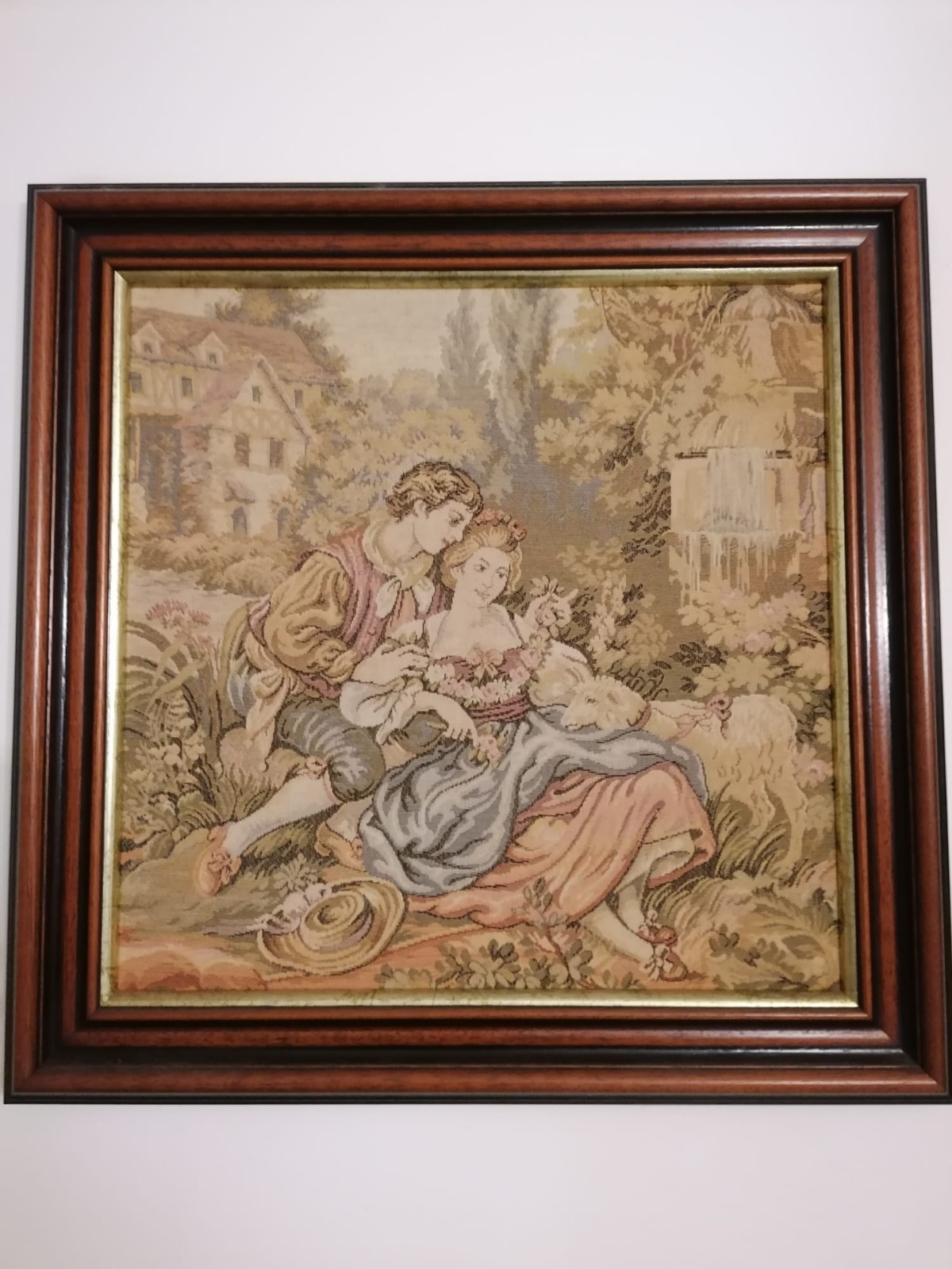 Vintage Rococo Style Pastoral Tapestry, Couple Scene, Solid Wood Frame