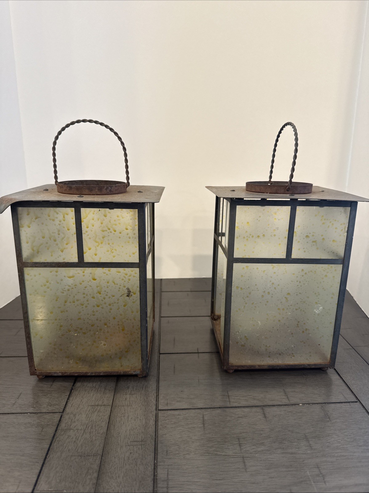 Vintage Metal Lantern Pair Farmhouse Decor, Industrial Primitive 