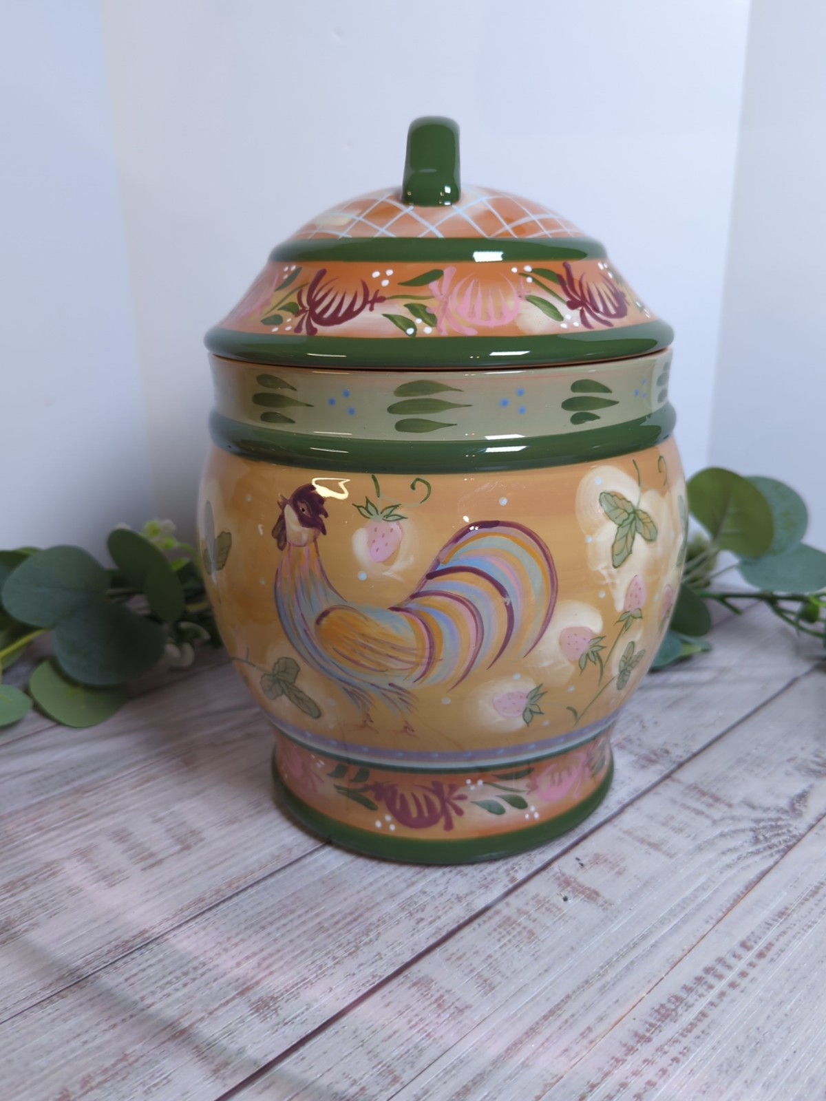 Danna Cullen Zrike Handpainted Chanticleer Rooster Canister/Cookie Jar  9 inch 
