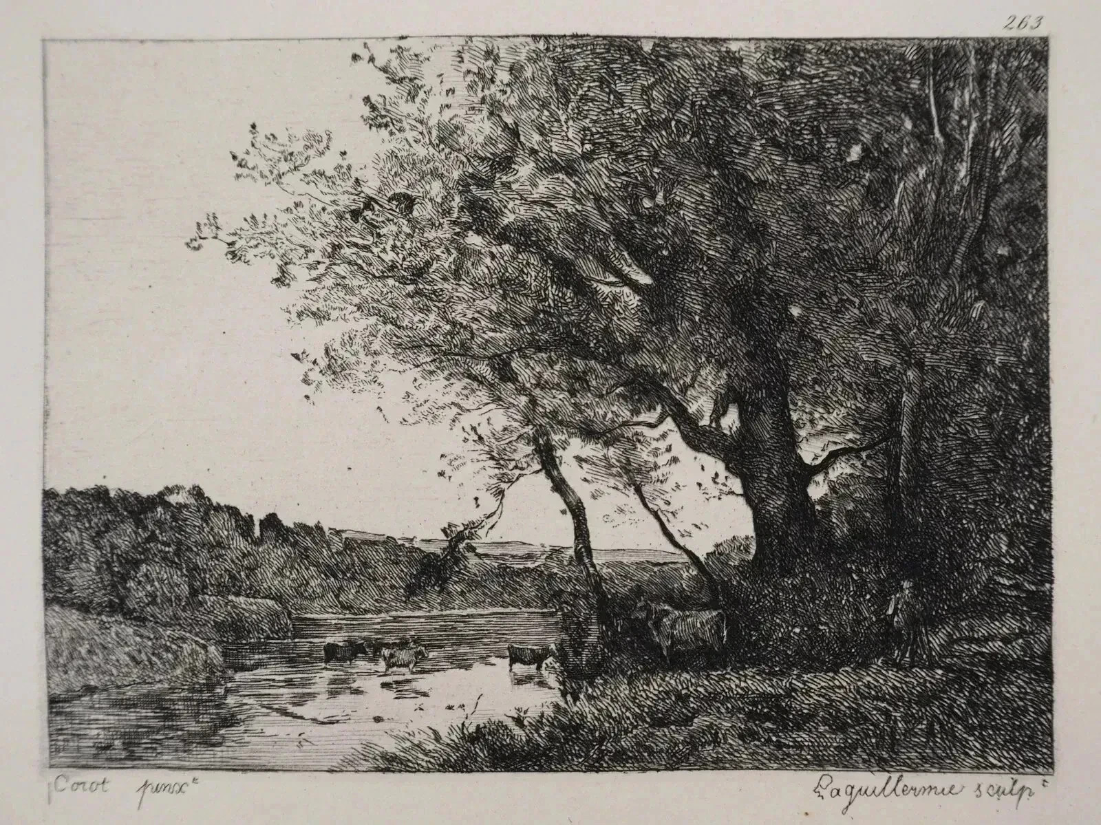 JB Camille COROT : Vaches à la rivière, GRAVURE signée, Durand Ruel, 1873