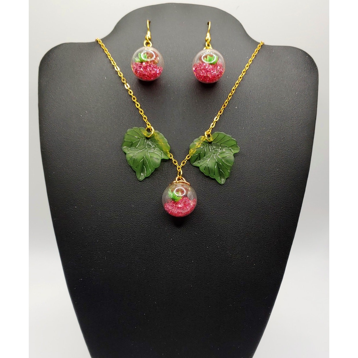 Charm Necklace & Earrings Set Pink Glass Fruit Cottagecore