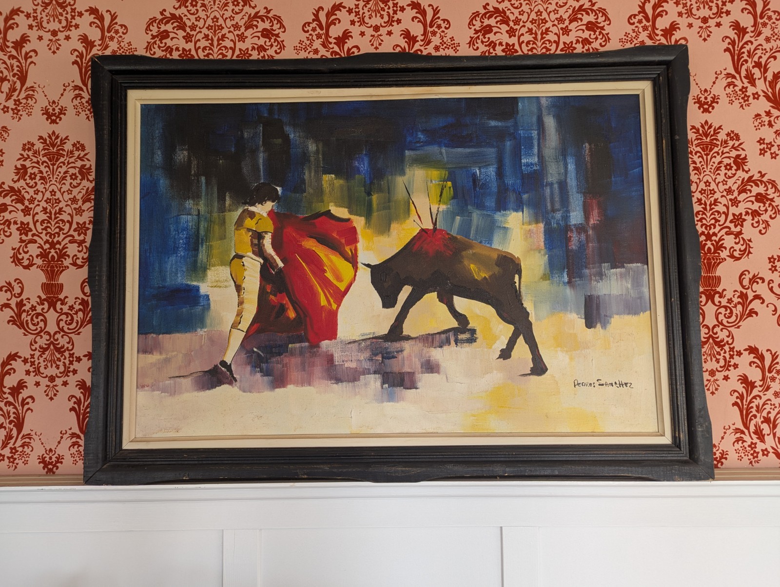 Original Painting Signed Pedros Sanchez Frame Abt 41.5"x29.5'' Vintage MCM READ