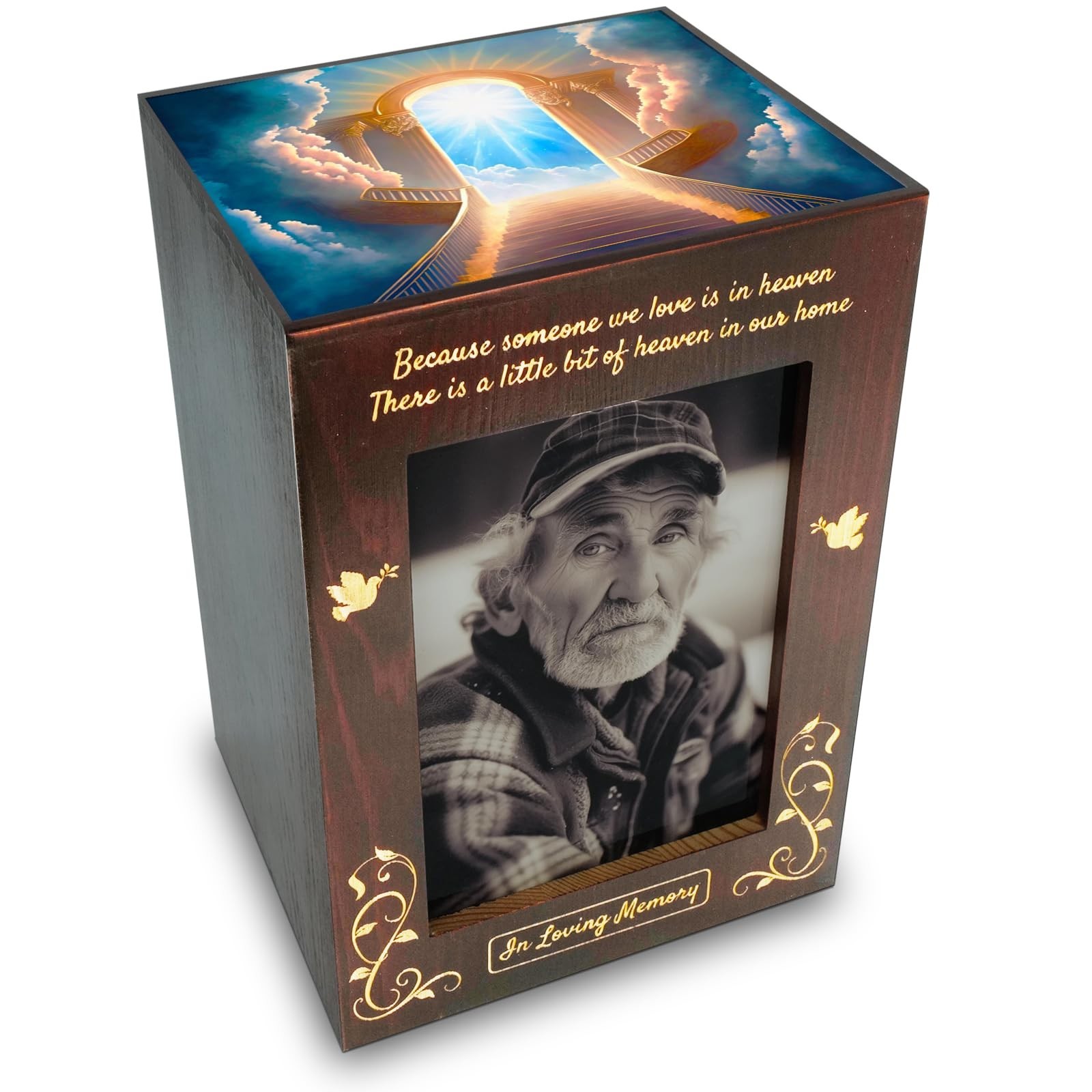 Large Wooden Cremation Urn with Photo Frame for Adult Ashes, Decorative Casket