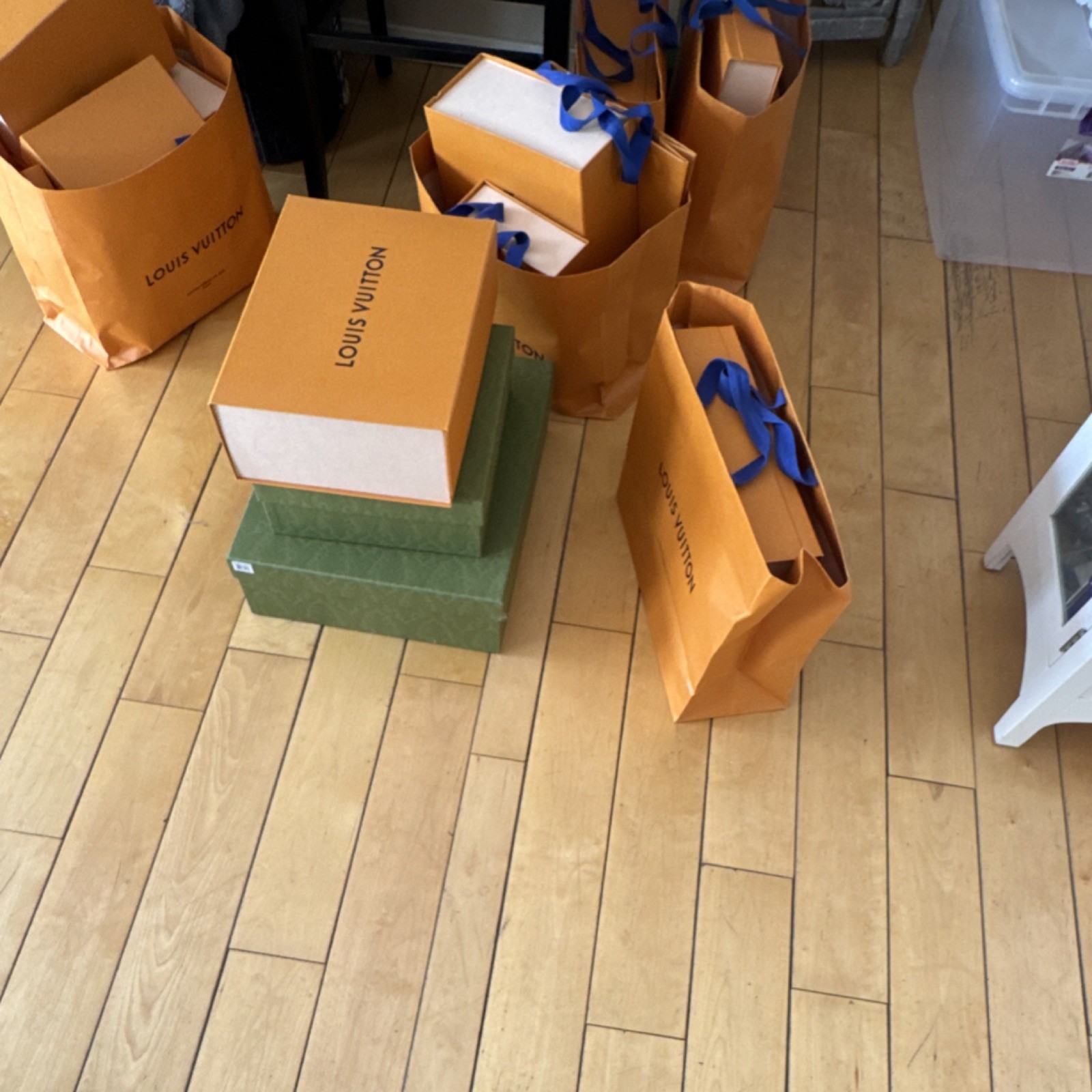 Louis Vuitton Gift Tote Bags Orange Blue with Boxes & Ribbon Multiple Sizes