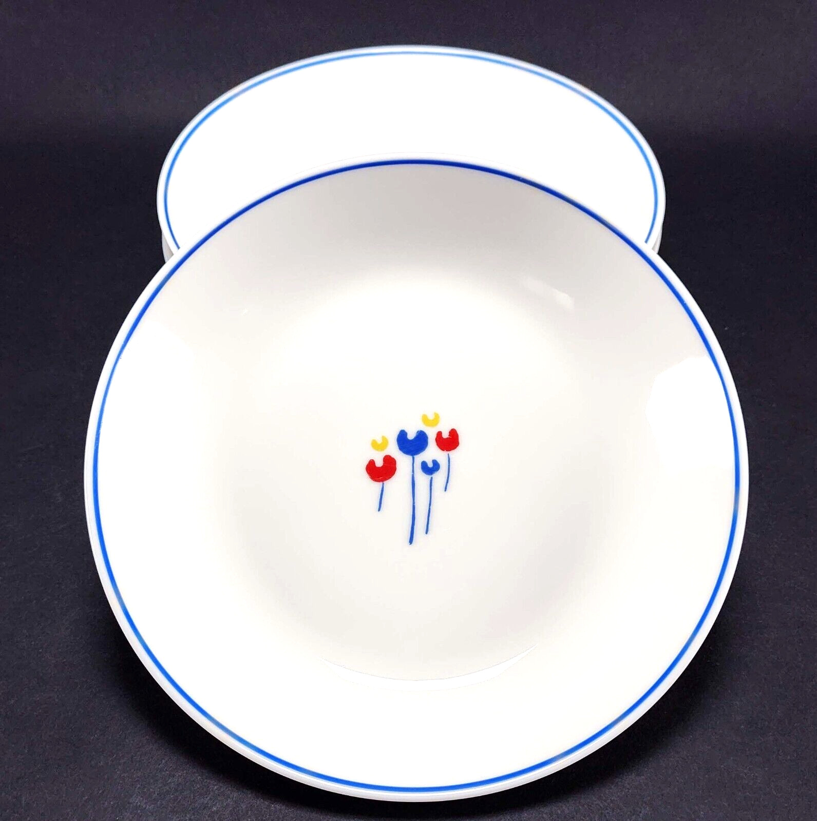 4 Riva Designs Tulips Salad Soup Bowls Blue Trim Minimalist Design 7 5/8"