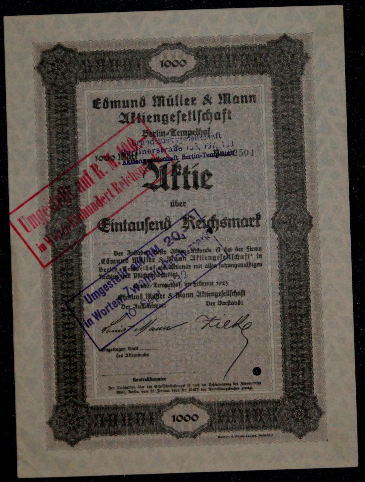 Edmund Müller & Mann Aktiengesellschaft 1923 1000 Mark