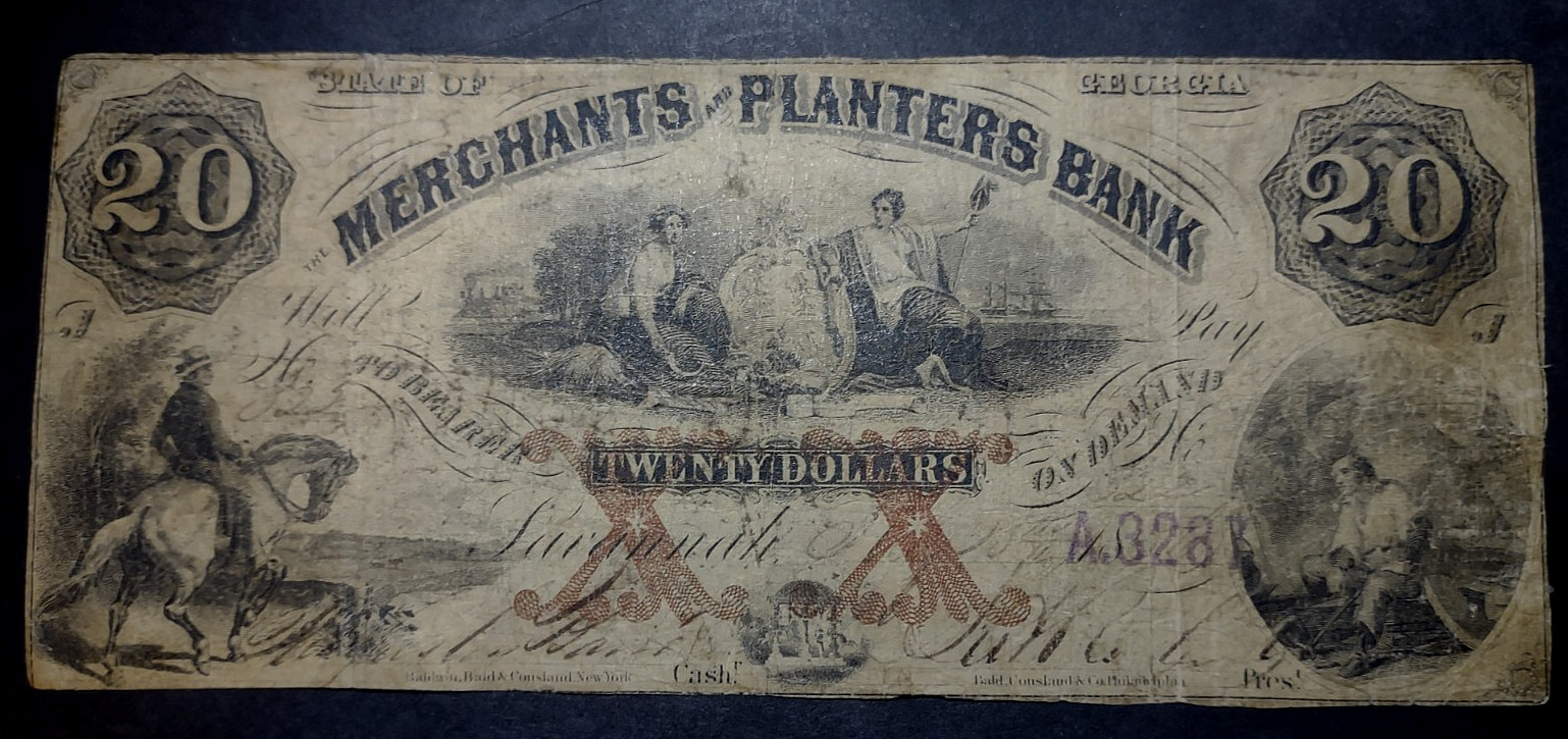 Unusual 1856  $20 Obsolete Banknote Merchants & Planters Bank Georgia 2 Sided