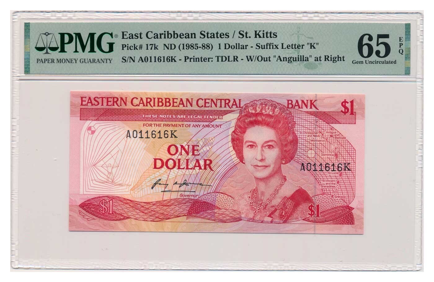 EAST CARIBBEAN STATES (ST.KITTS) banknote 1 Dollar 1985 PMG MS 65 EPQ Gem Unc