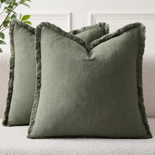  Linen Fringe Throw Pillow Covers Set 24" x 24" (Pack of 2) Light Olive Green