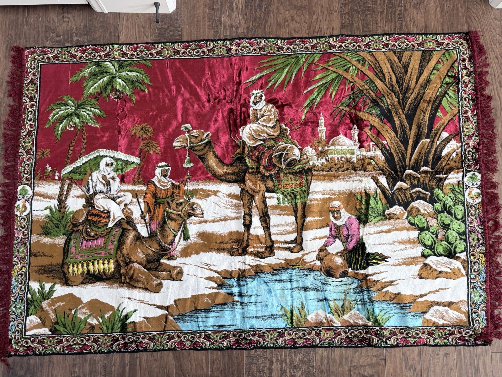 Vintage Middle East Tapestry / Wall Hanging Prayer Rug 1970s Saudi Arabia oasis 