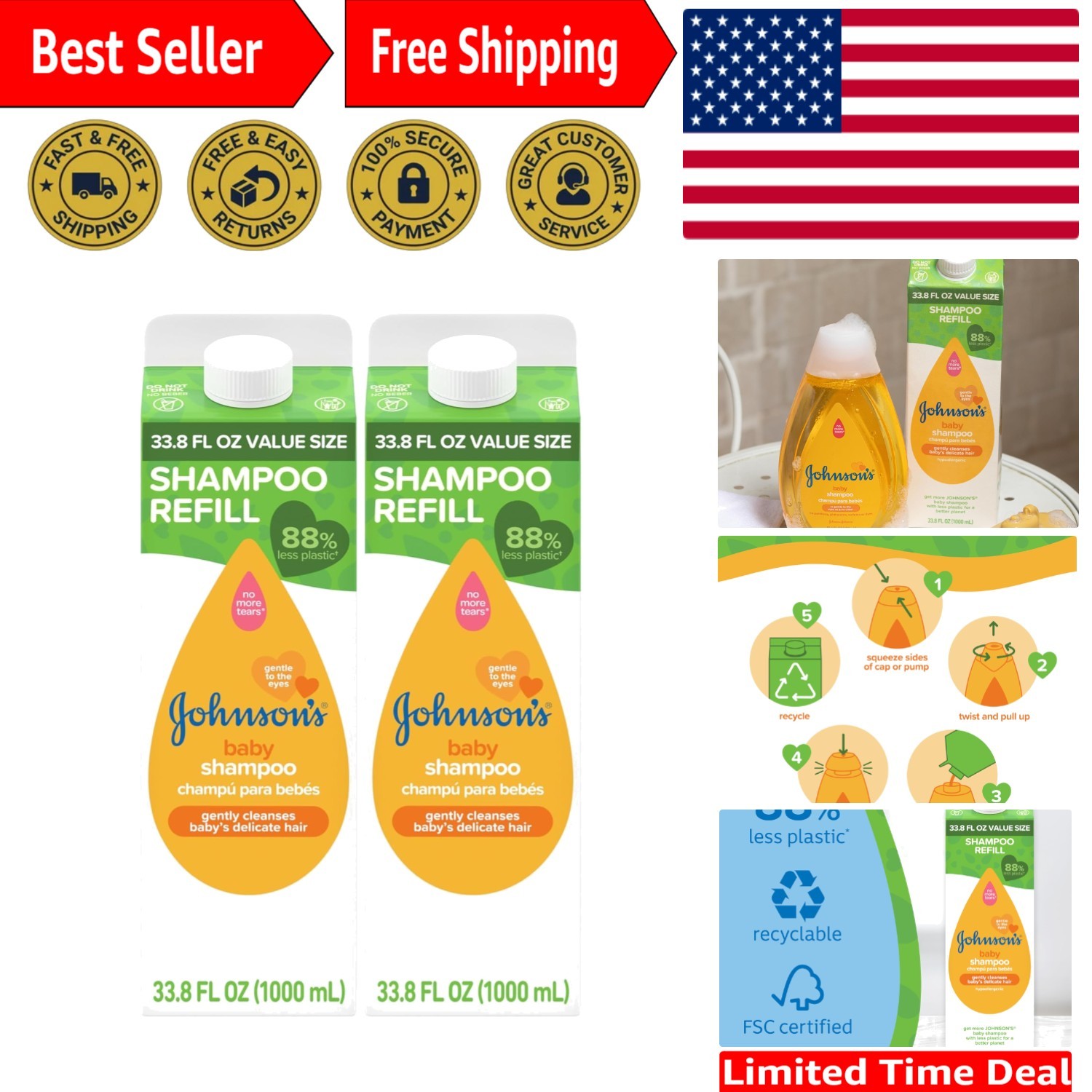 Gentle Tear-Free Baby Shampoo Refill 33.8 fl. oz (Pack of 2) - Eco-Friendly