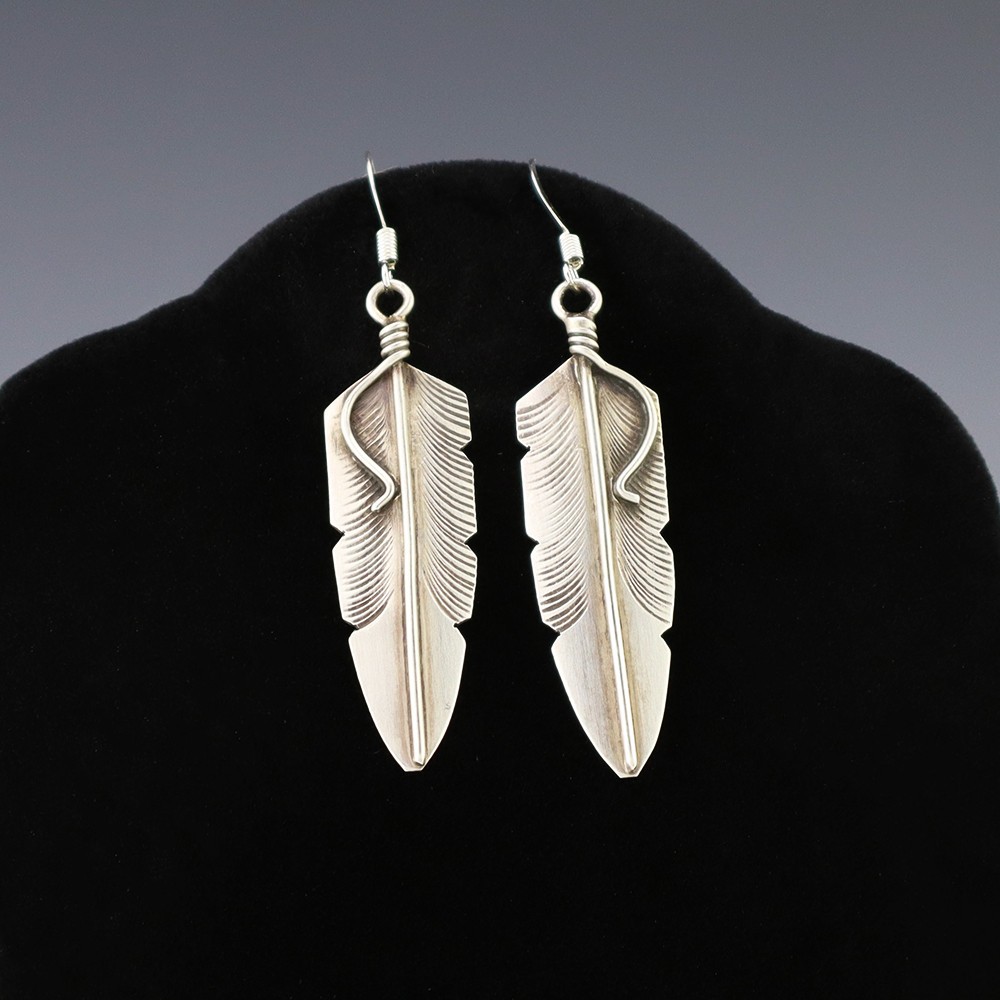 NATIVE AMERICAN NAVAJO STERLING SILVER FEATHER EARRINGS BY CHRIS CHARLEY