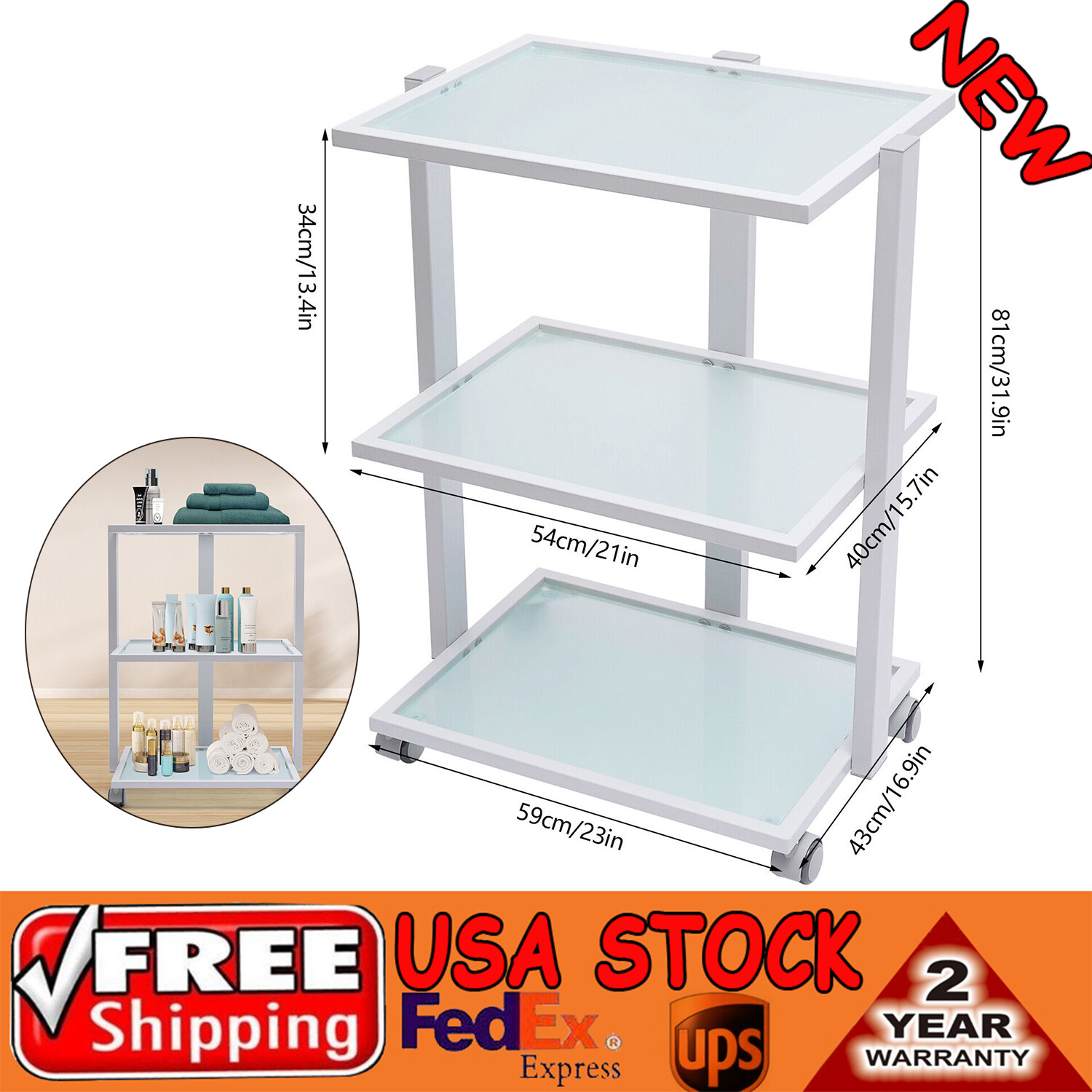 3 Tier Salon Rolling Trolley Cart Stand Tray Rolling Cart with Wheel Storage