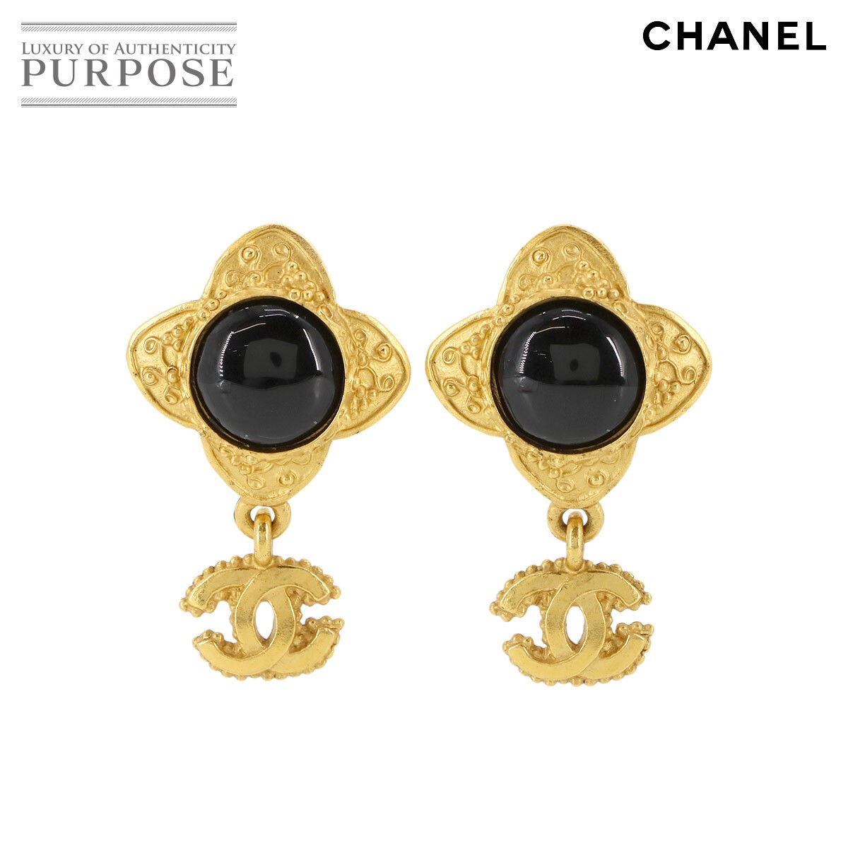 CHANEL Coco Mark Color Stone Swing Earrings Black Gold 96A Vintage Accessory 90