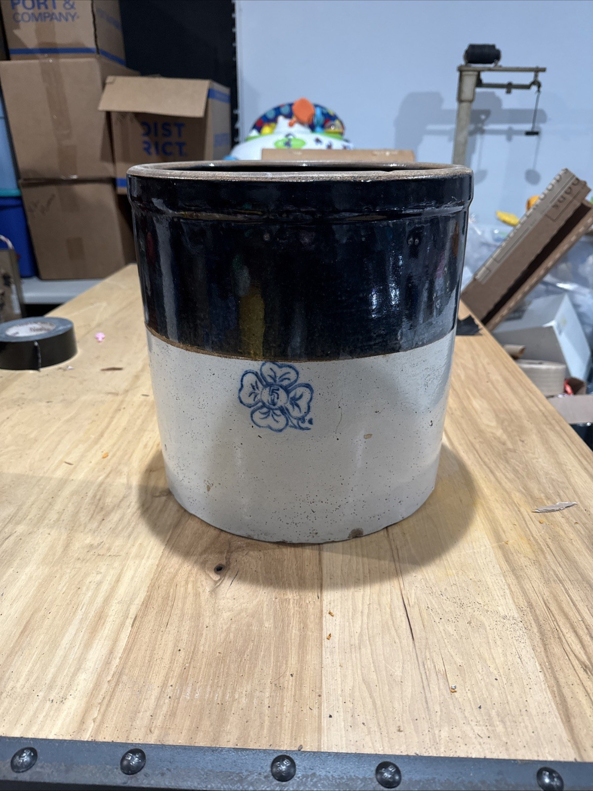 Antique Burley Winter Blue Heart No.6 Two Tone Stoneware Crock Primitive