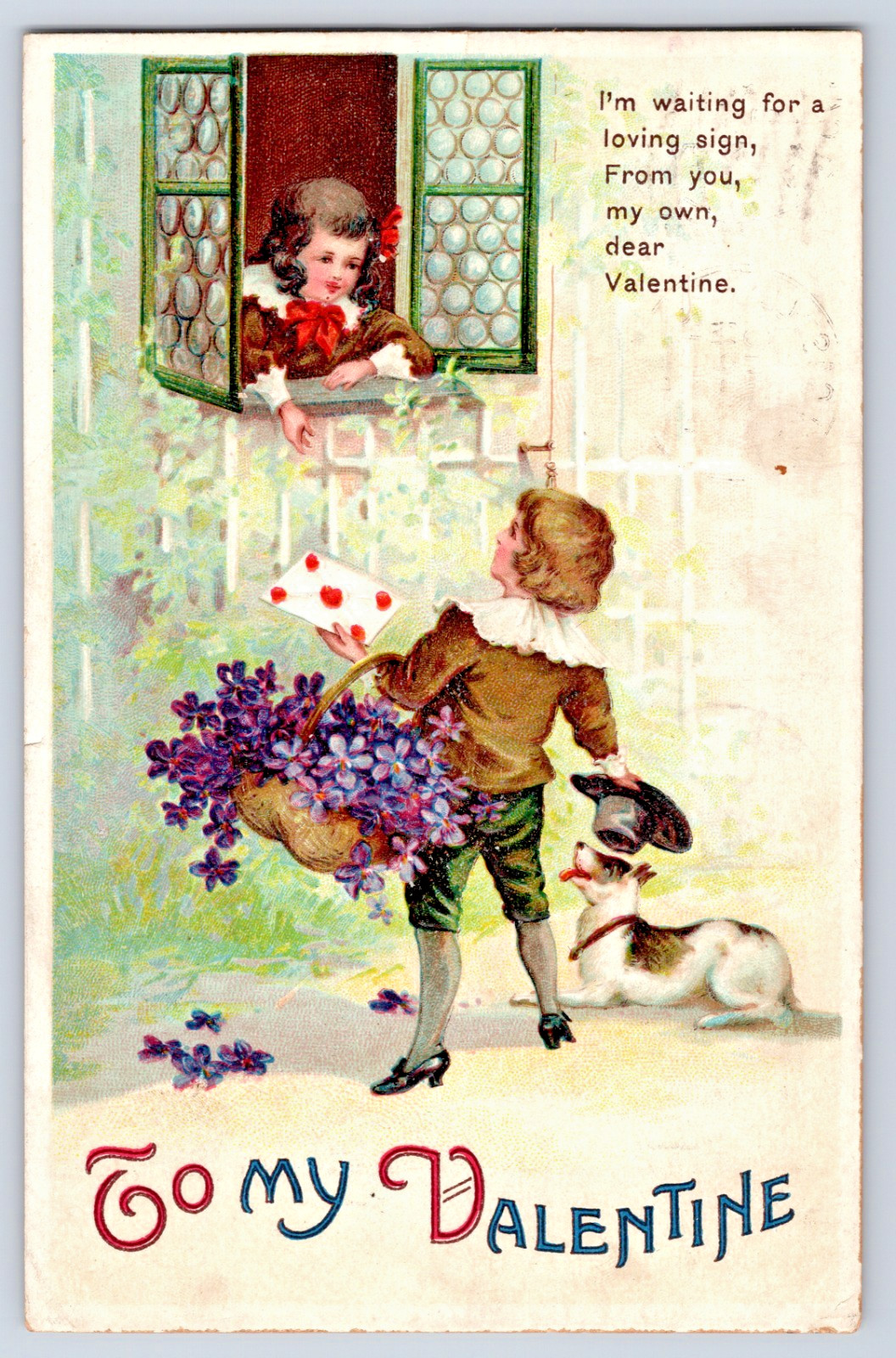 Boy w Flowers & Dog Below A Girl In Window Embossed 1910s Valentine Postcard