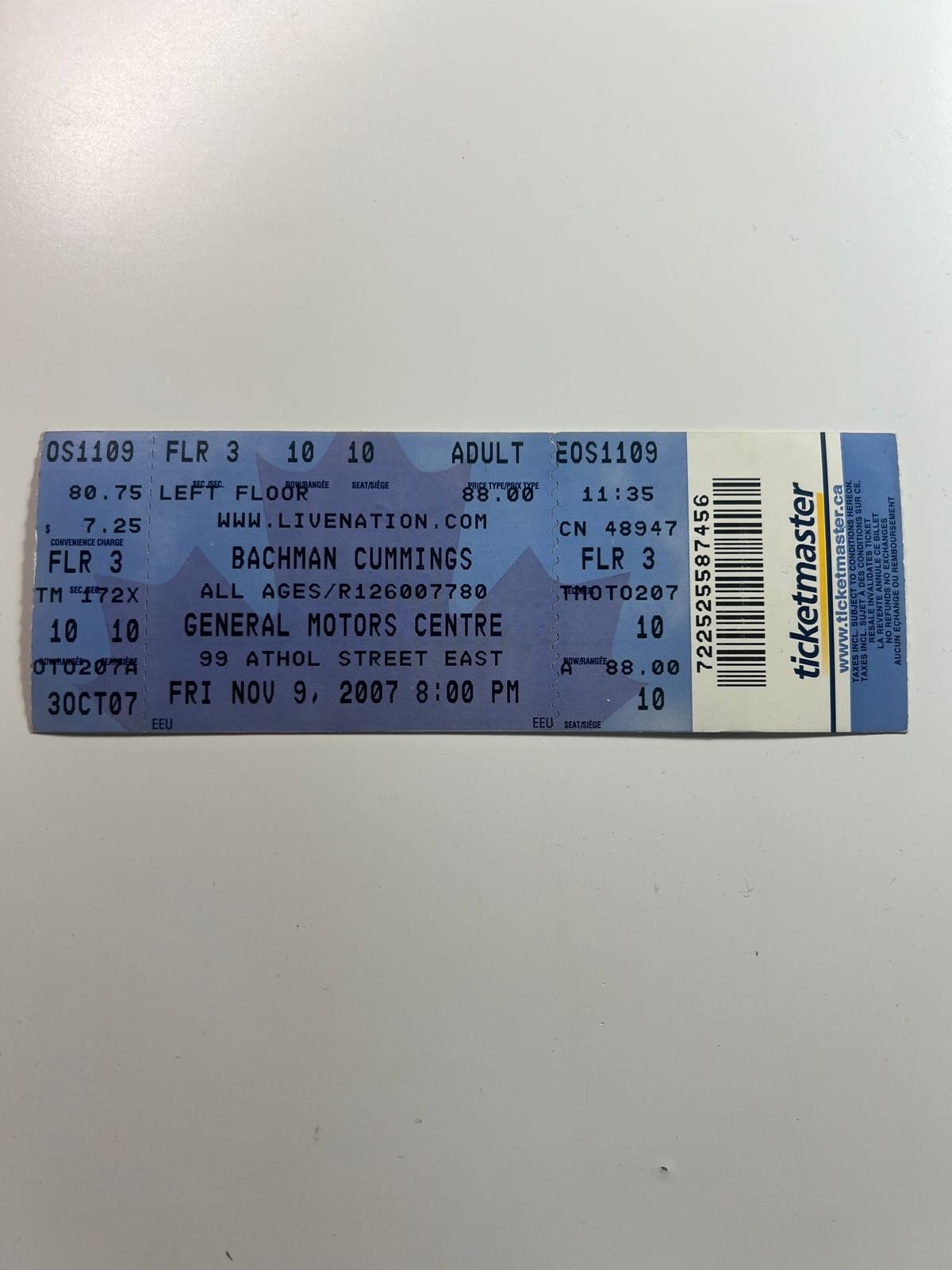 Bachman Cummings Concert Ticket Stub – Nov 9 2007 – GM Centre Toronto