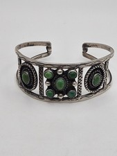 Vintage Native American Sterling Silver Green Turquoise Cabochon Cuff Bracelet