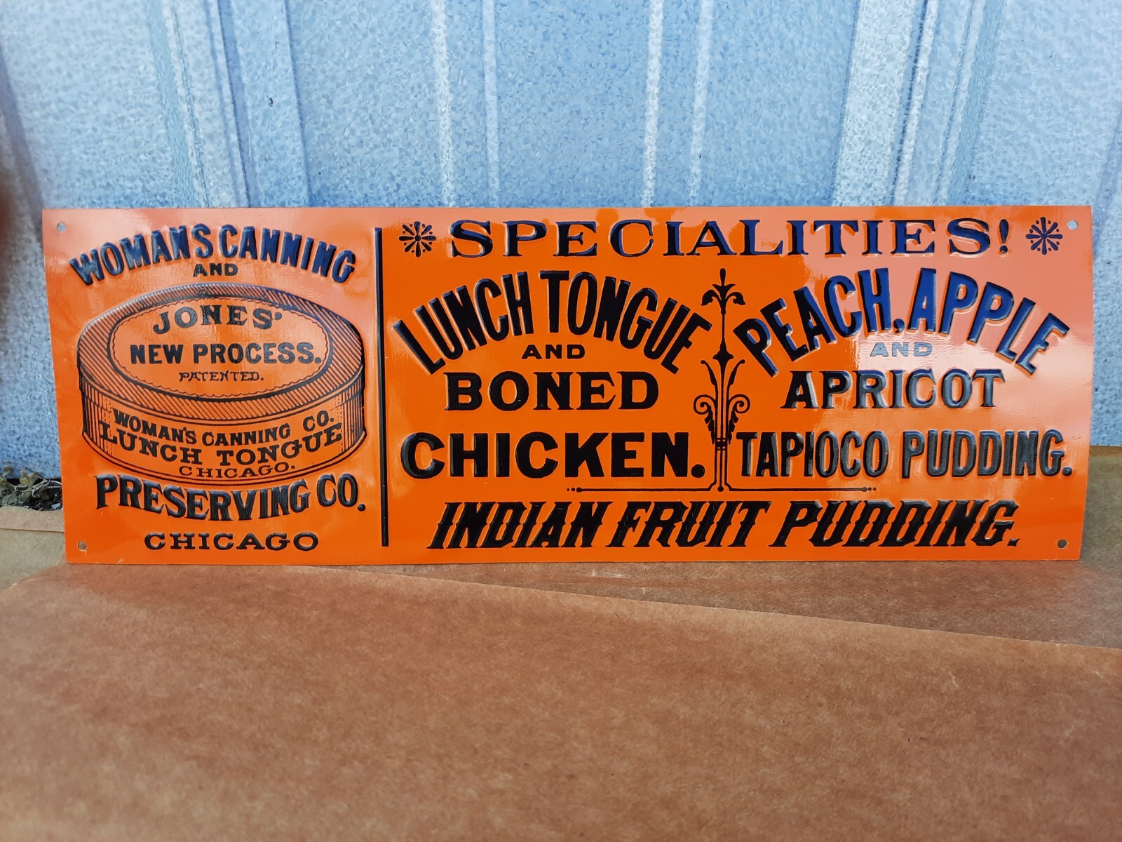 NEW OLD STOCK NOS EMBOSSED LUNCH TONGUE INDIAN FRUIT PUDDING METAL CANNING SIGN