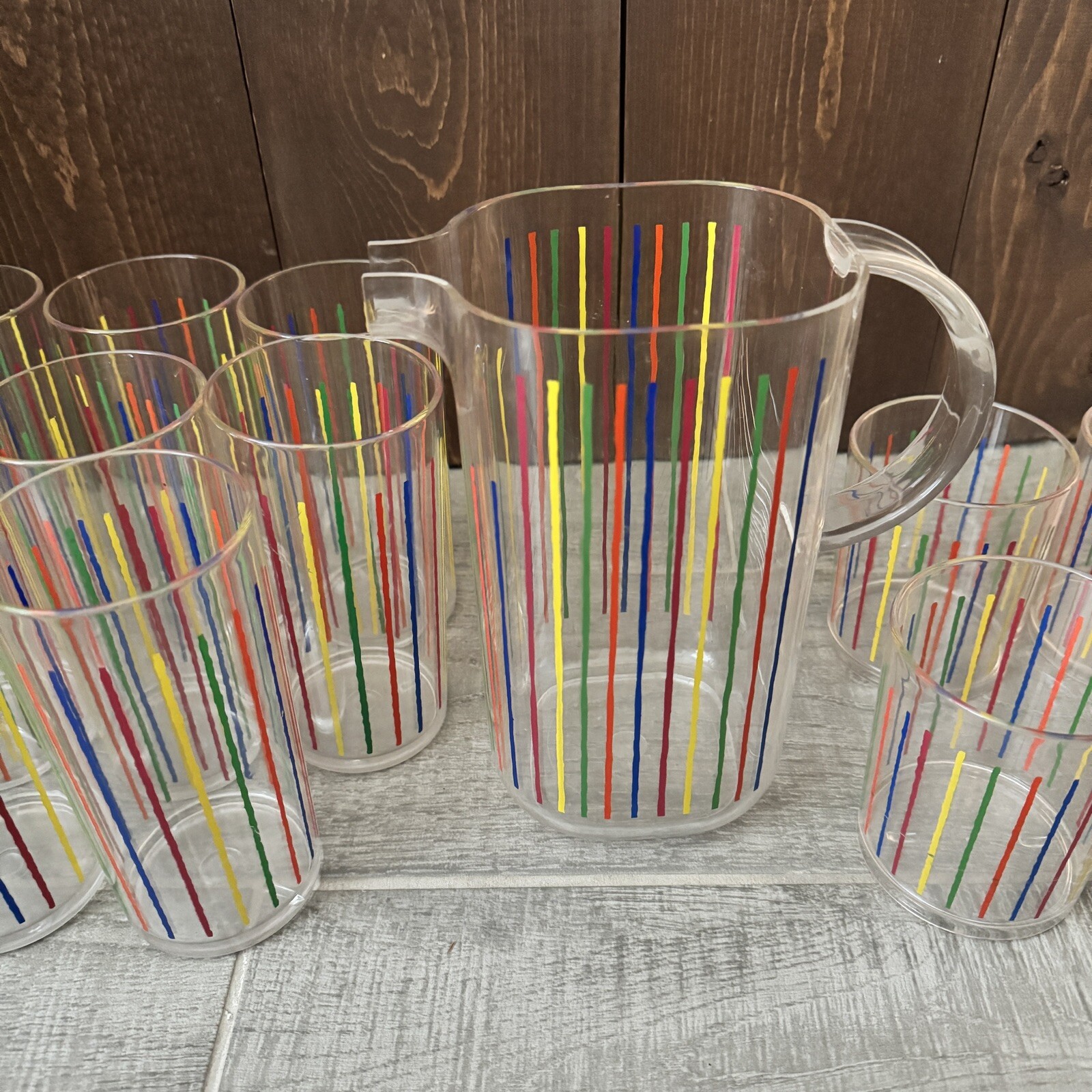Vtg 80s Rainbow Party Set 12 Cups Pitcher  Hostess Kitchen Serving Summer Picnic