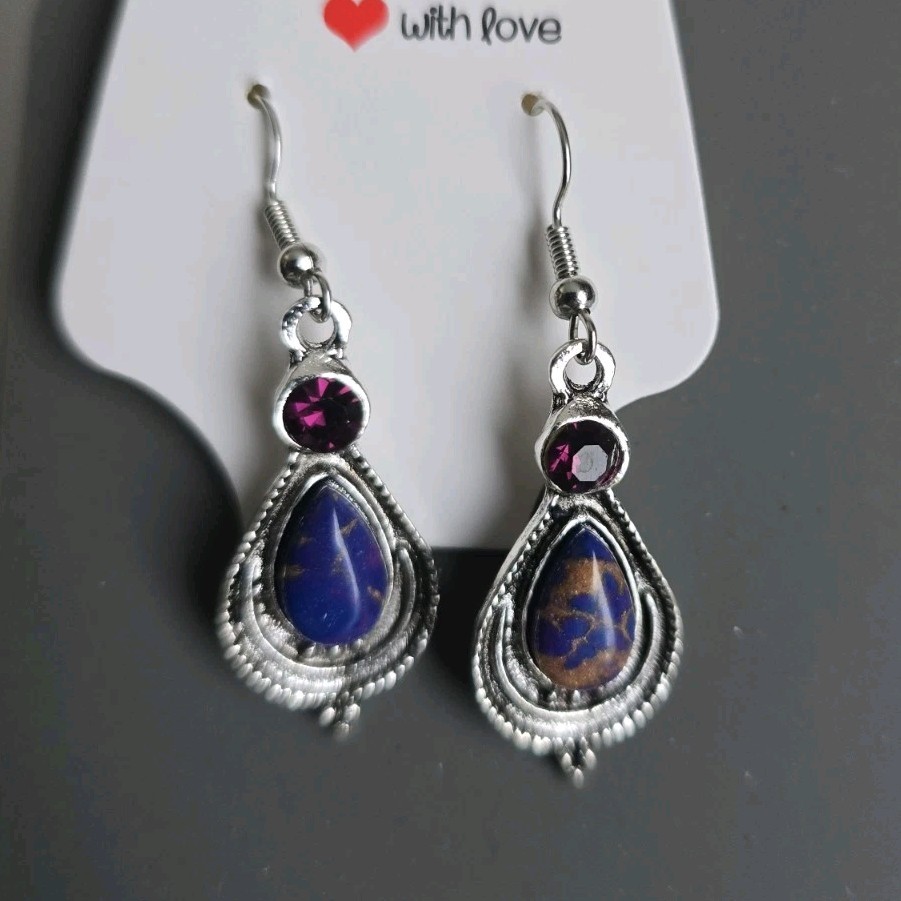 Handmade Dangle Drop Earrings Silver Blue Purple Teardrop Hook Bohemian Art