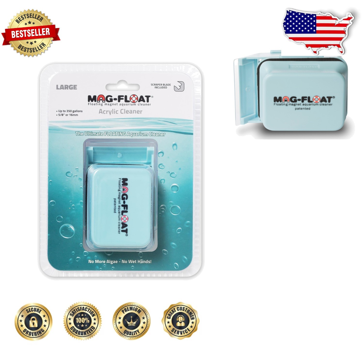 Effortless Large Aquarium Cleaner | Magnetic Algae Scraper for 350 Gallon Tanks