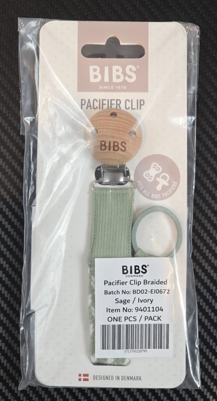 Bibs Universal Pacifier Clip Braided Sage/Ivory Fits All Bibs Pacifiers