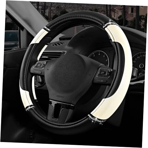  Leather Steering Wheel Cover - Made with PVC Leather - Anti-Slip, White