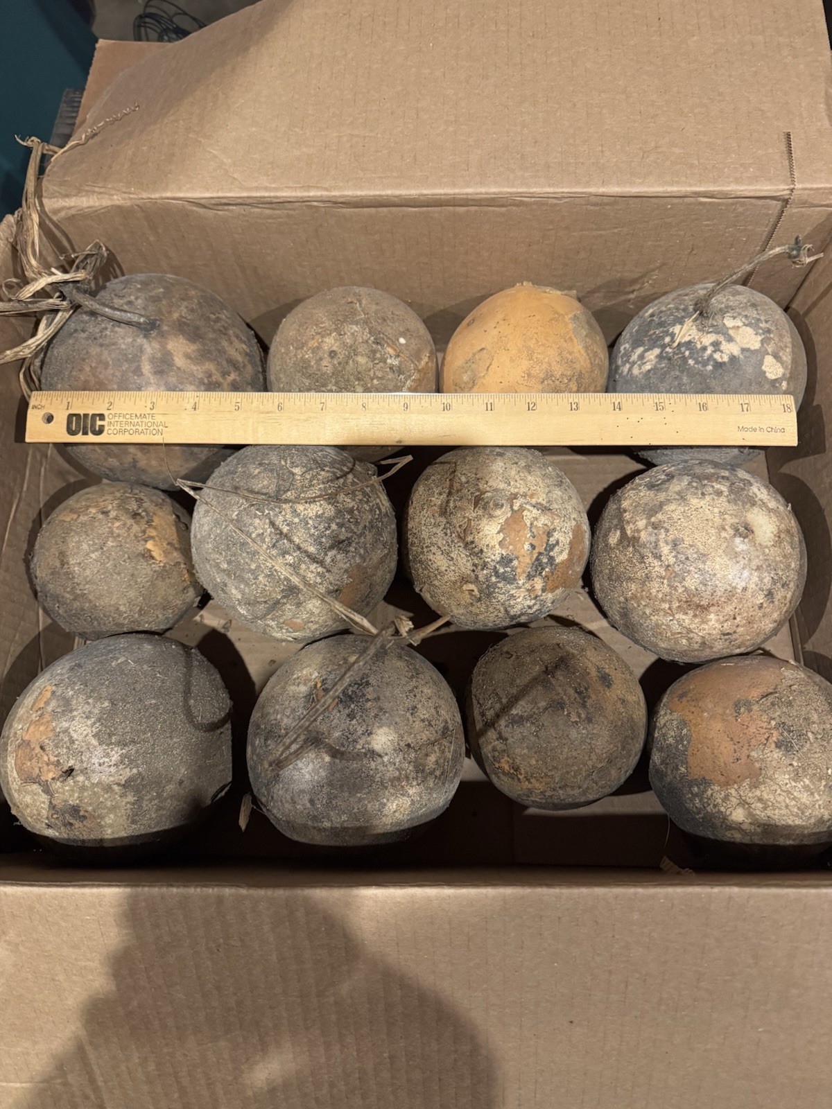 Primitive Set Of 12 Grungy Cannonball Gourds